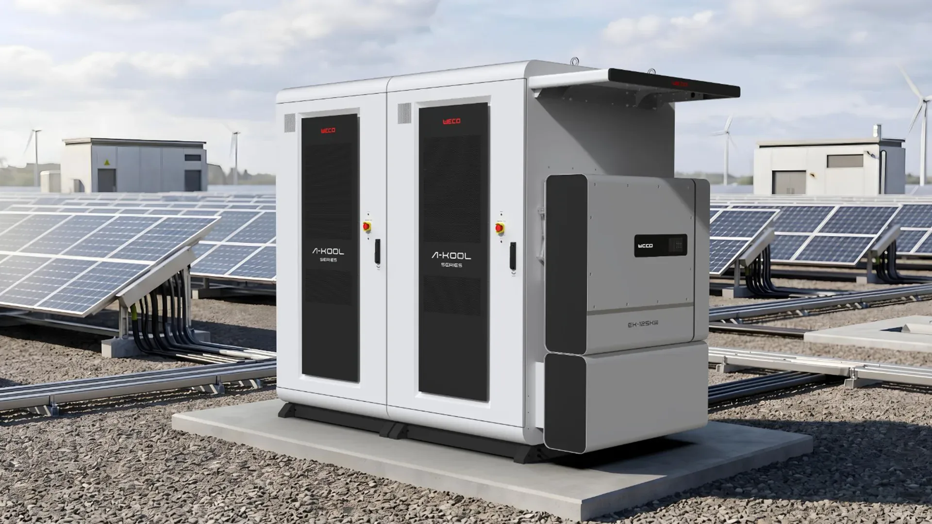Armoires de stockage WeCo A-KOOL et onduleur EK installés dans un parc solaire